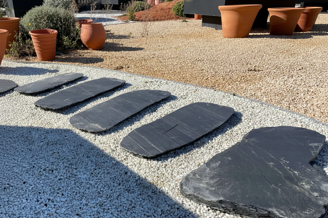 Paso japonés de pizarra oval para decorar jardines, senderos y espacios exteriores.