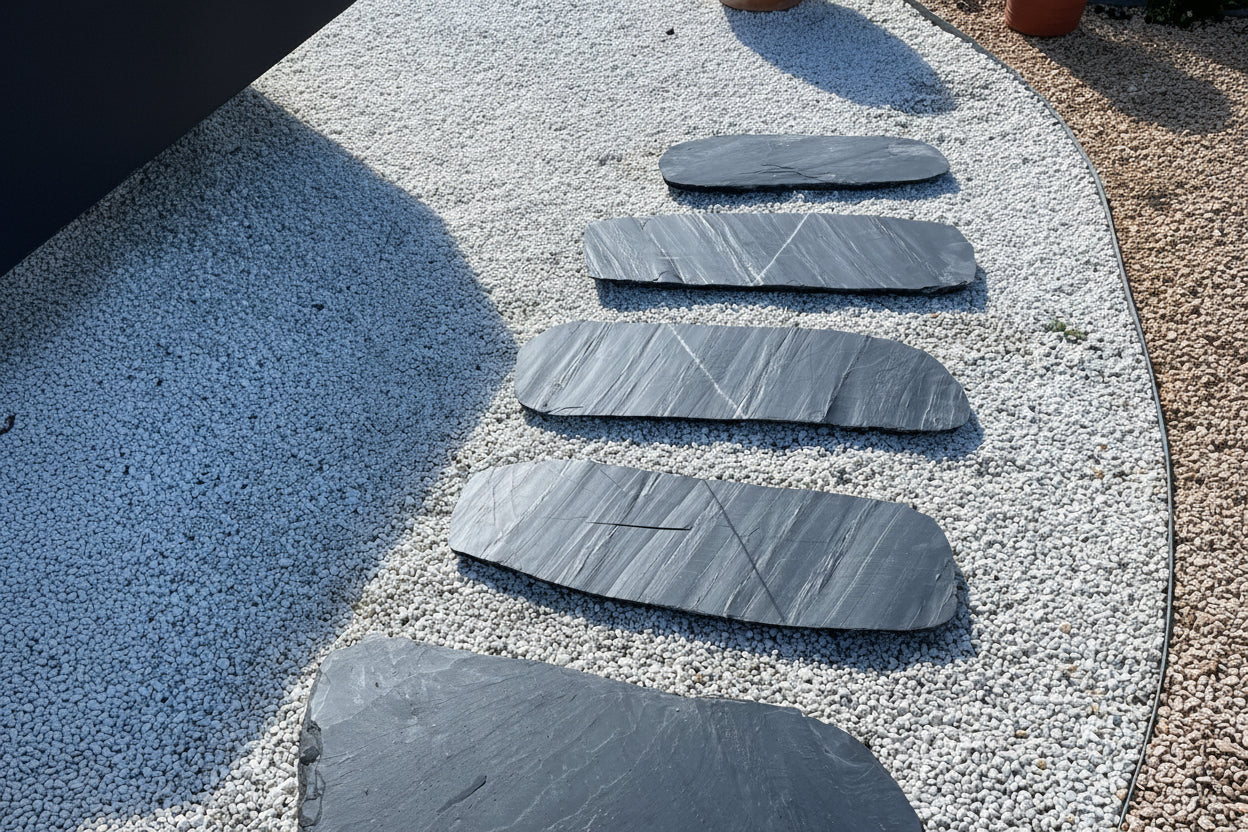 Paso japonés de pizarra oval ideal para decorar jardines y senderos exteriores con estilo