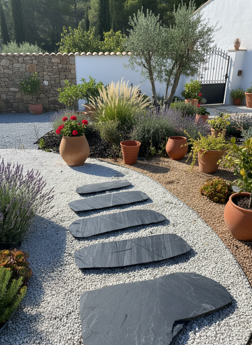 Paso japonés de pizarra oval ideal para caminos decorativos en jardinería y exteriores.