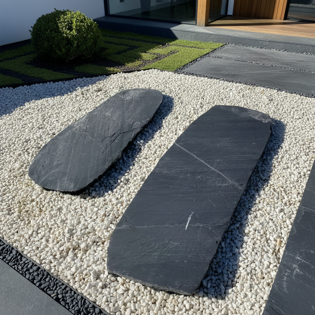 Paso japonés de pizarra oval ideal para decorar caminos y espacios exteriores en jardines.