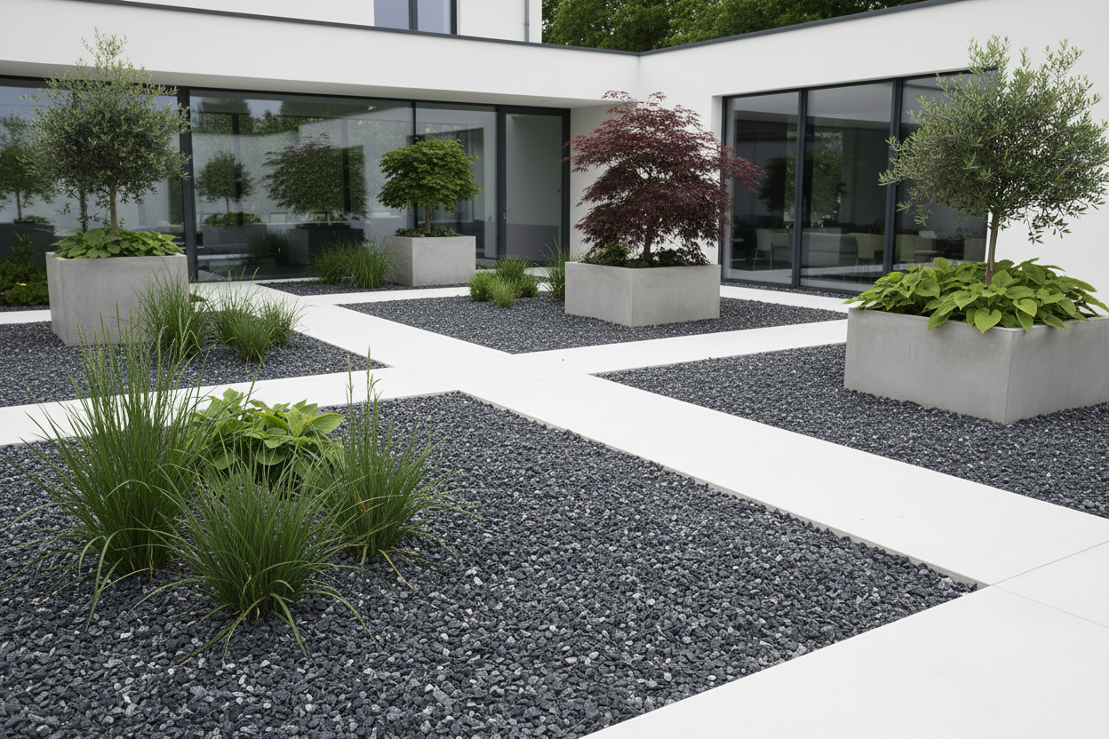 Grava negra laja decorativa ideal para embellecer jardines y paisajismo en exteriores.