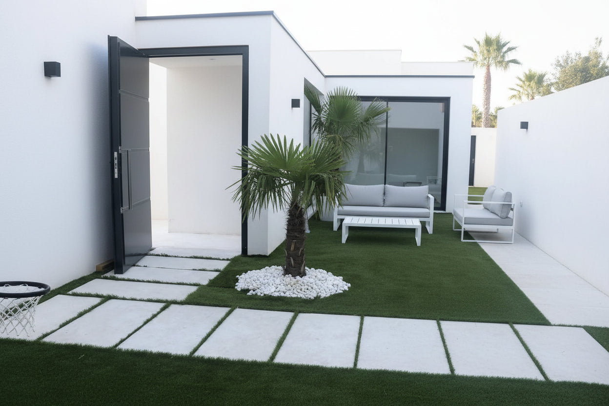 Losa blanca para jardín con cesped
